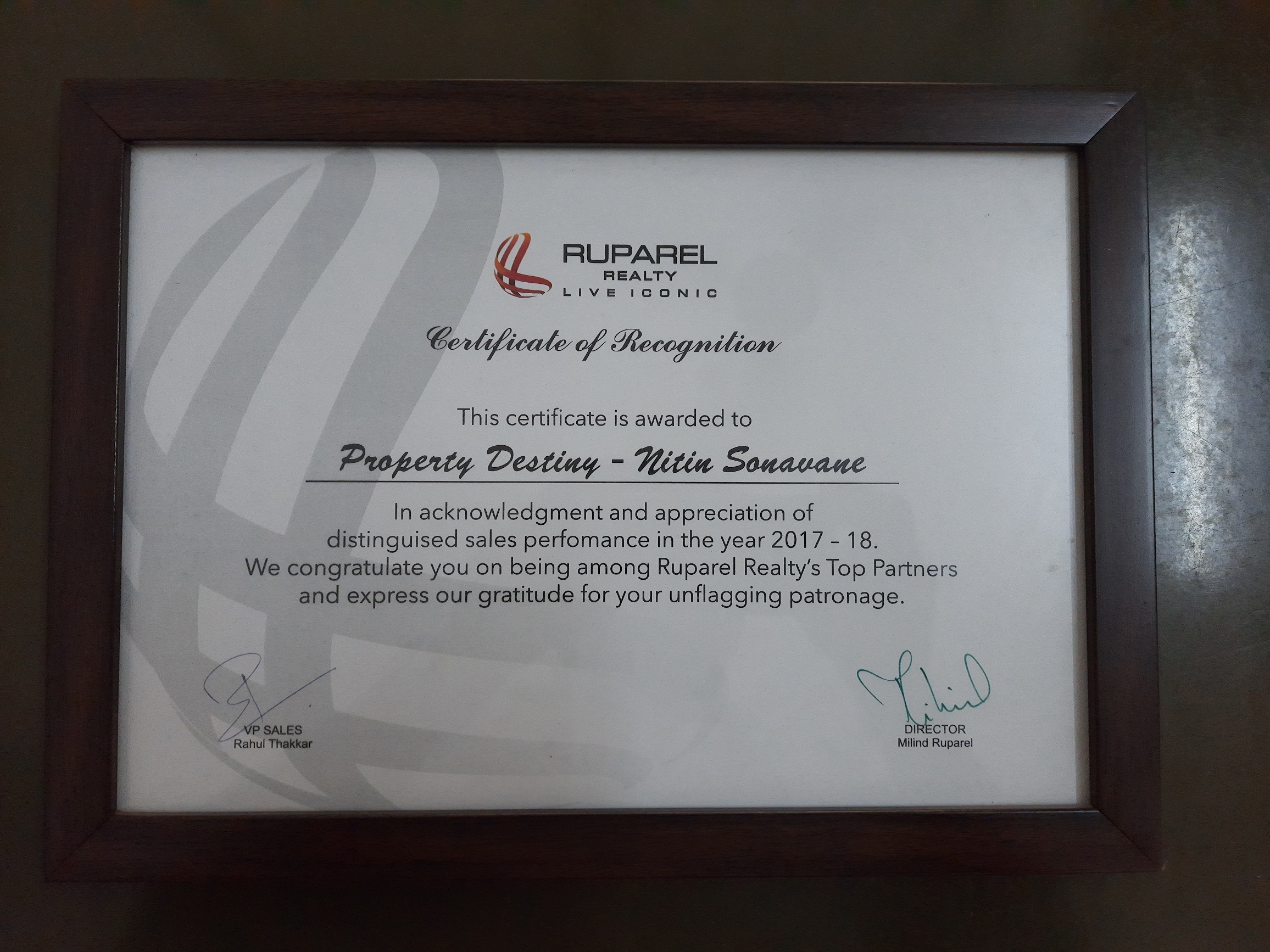 Appreciation from Ruparel Realty